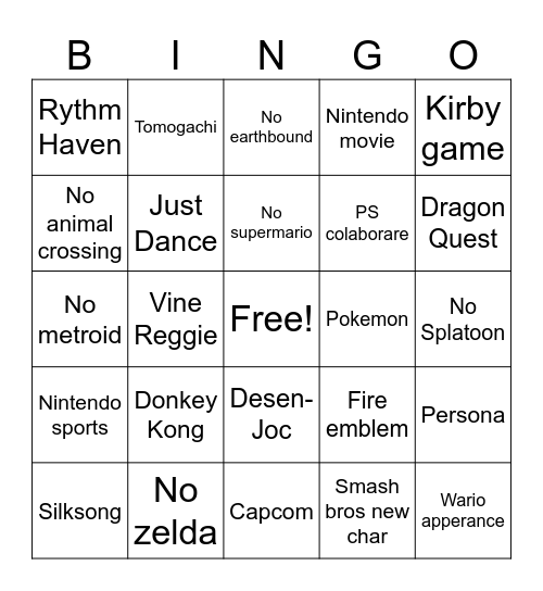 Nintendo direct Bingo Card
