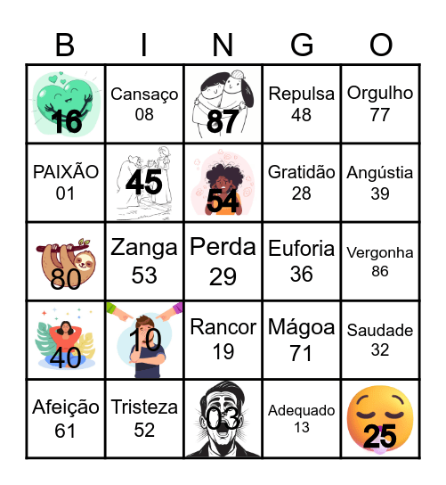 Bingo das Emoções Bingo Card