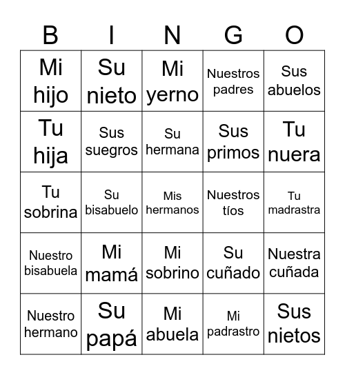 Familia Bingo Card