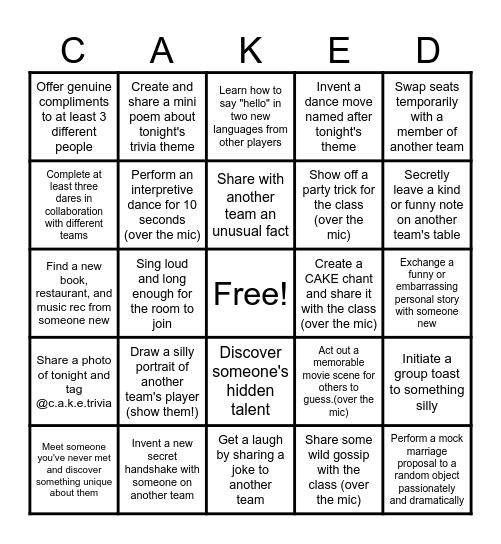 CAKE'Dare Bingo Card