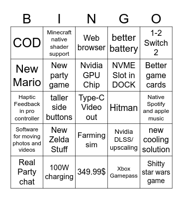 Switch 2 bingo card Bingo Card