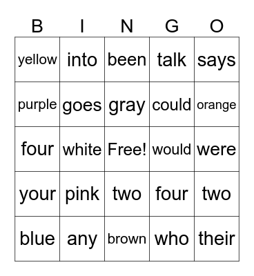 Heart Word Bingo Card