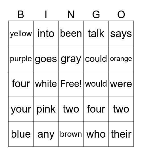 Heart Word Bingo Card