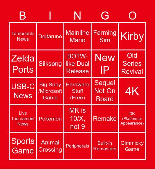 Switch 2 Bingo Card