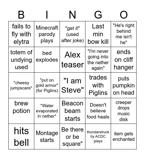 Minecraft Bingo Card