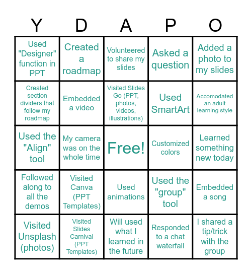 YDAPO Bingo Card