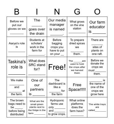 Farm Tour Bingo Card