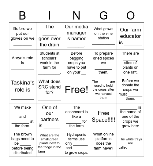 Farm Tour Bingo Card