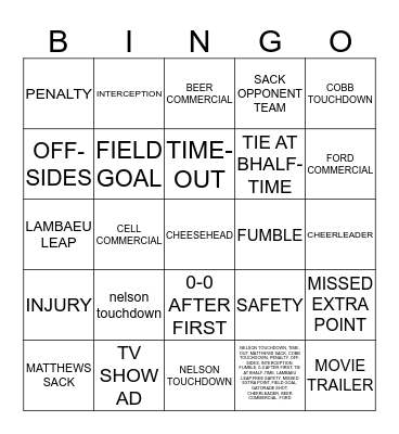PACKERS Bingo Card