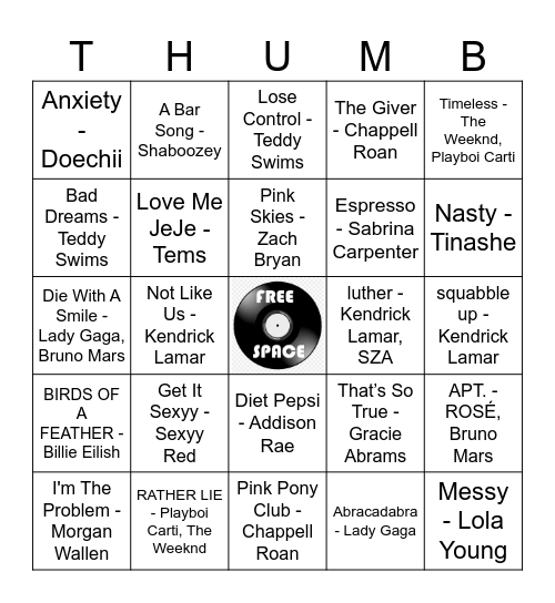 Hot Now Hits Bingo Card