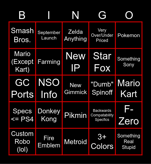 Blade's Switch 2 Direct Bingo Card