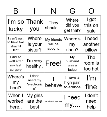 Surgery Day Bingo Card