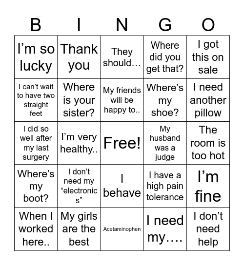 Surgery Day Bingo Card