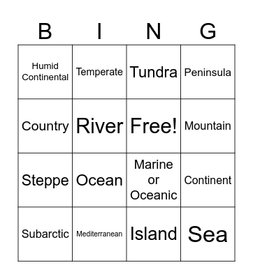 Climate Types & Landforms Bingo - GAME 1 Bingo Card