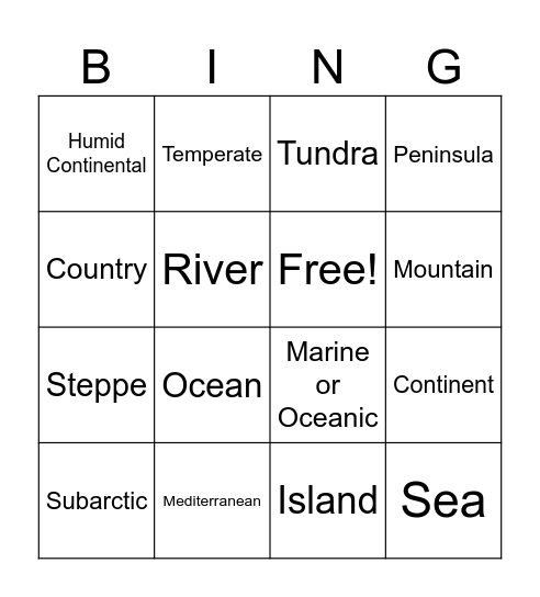 Climate Types & Landforms Bingo - GAME 1 Bingo Card