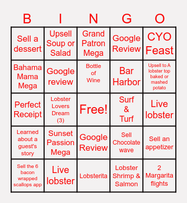 Red Lobster Bingo Card