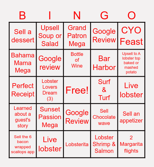 Red Lobster Bingo Card