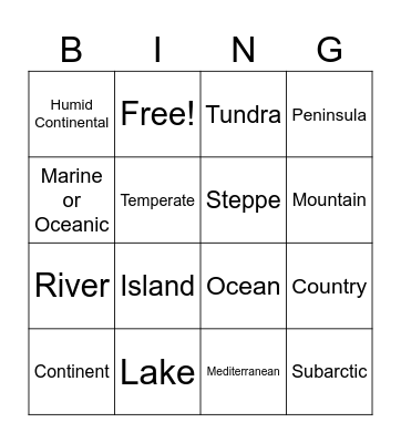 Climate Types & Landforms Bingo - GAME 1 Bingo Card