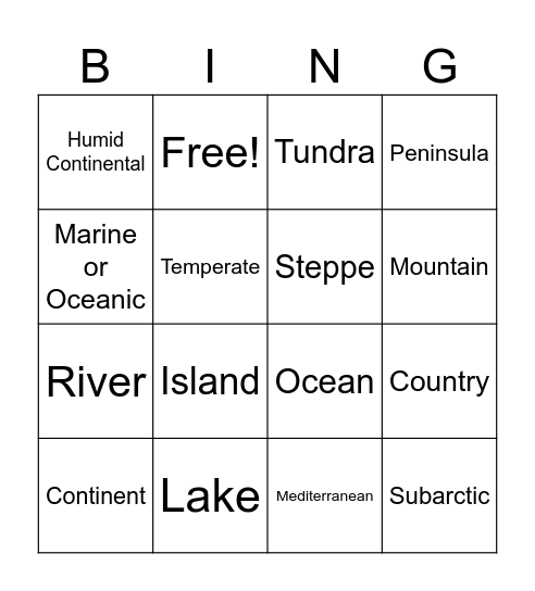 Climate Types & Landforms Bingo - GAME 1 Bingo Card