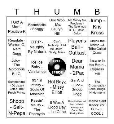 90's Hip Hop Billboard Hits Bingo Card