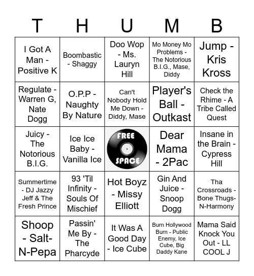 90's Hip Hop Billboard Hits Bingo Card