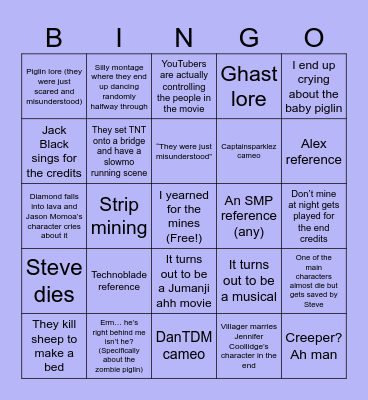 Minecraft Movie Bingo Card