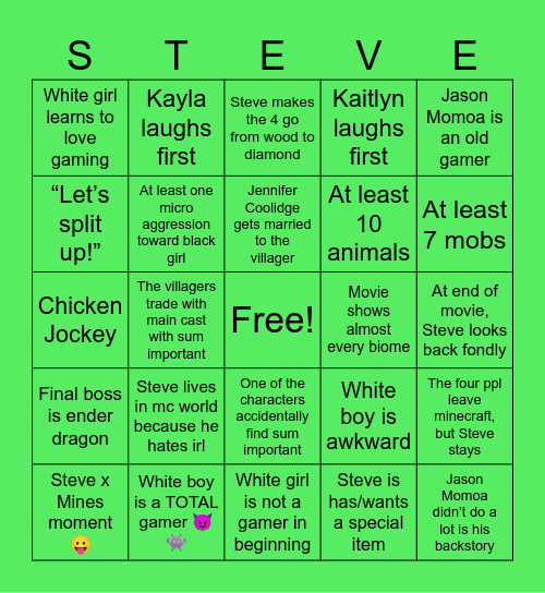 Minecraft Movie Bingo Card