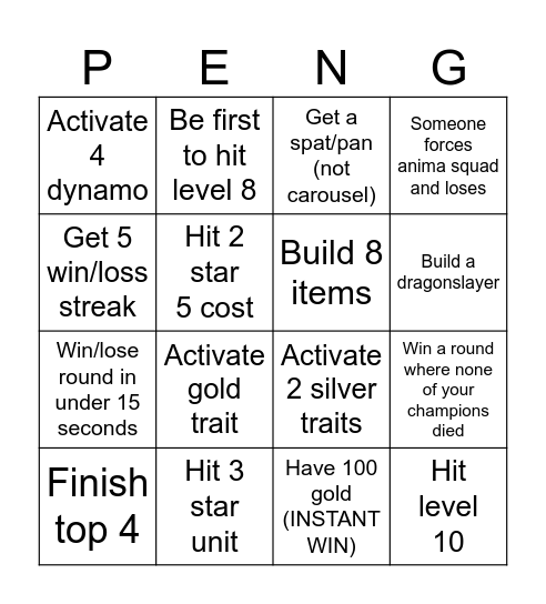 TFT SET 14 BINGO Card