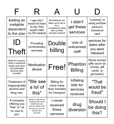 Fraud, Waste and Abuse Bingo Card