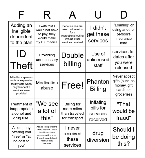 Fraud, Waste and Abuse Bingo Card