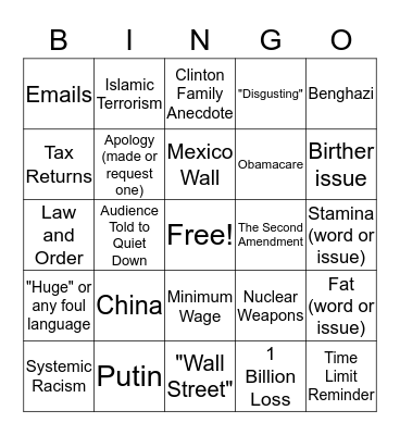2nd Debate BINGO Card