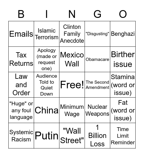2nd Debate BINGO Card