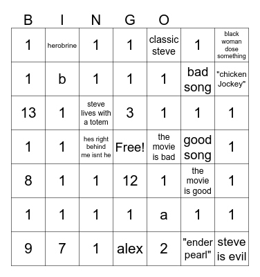 minecraft movie bingo Card