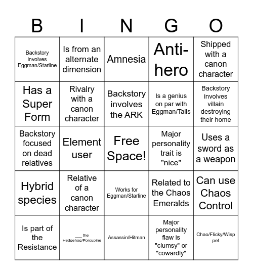 Sonic OC Trope BINGO Card
