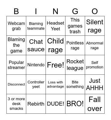Game rage Bingo Card