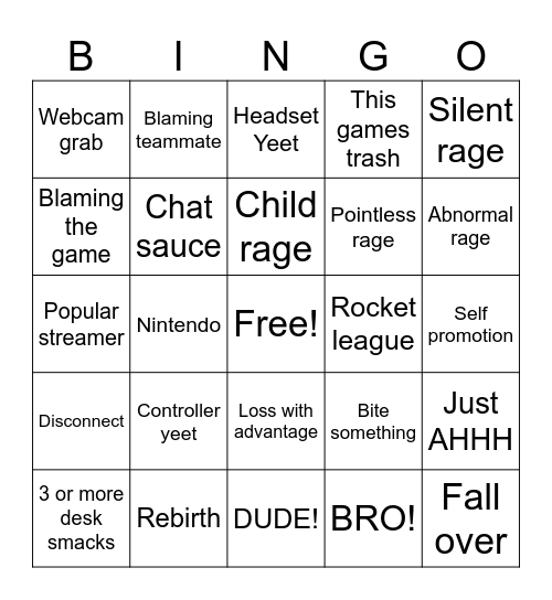 Game rage Bingo Card