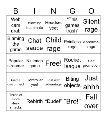 Gamer rage Bingo Card