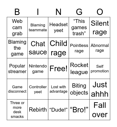 Gamer rage Bingo Card