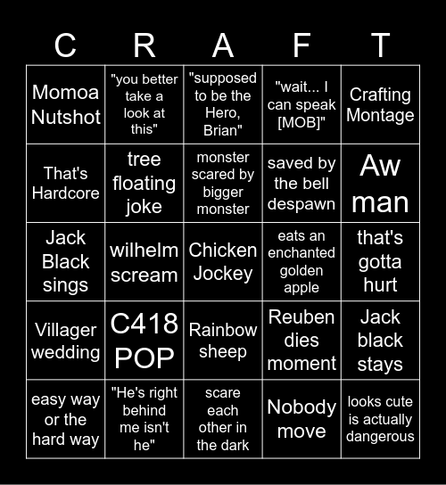 Minecraft Movie Bingo Card