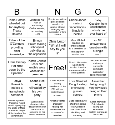 54th Government Question Time Bingo Card
