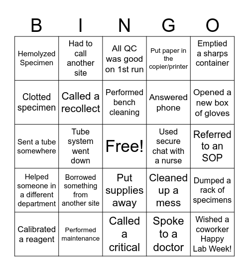 Sentara Leigh Lab Week 2025 Bingo Card