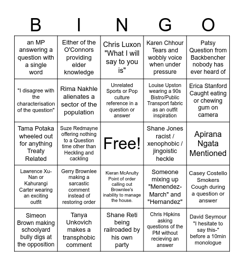 54th Government Question Time Bingo Card