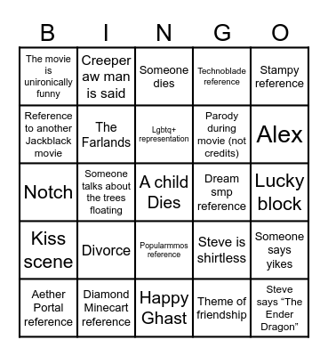 Minecraft Movie Bingo Card