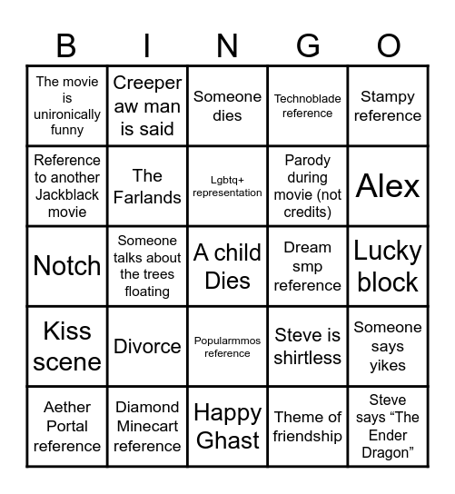 Minecraft Movie Bingo Card