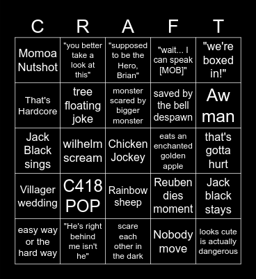 Minecraft Movie Bingo Card