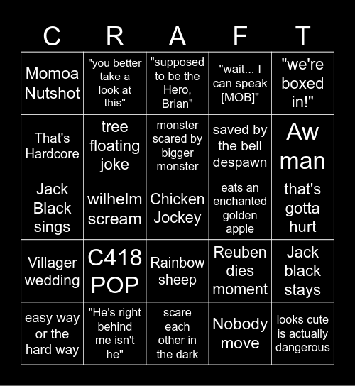 Minecraft Movie Bingo Card