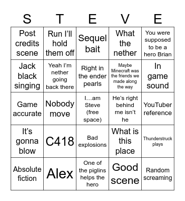 Minecraft movie Bingo Card