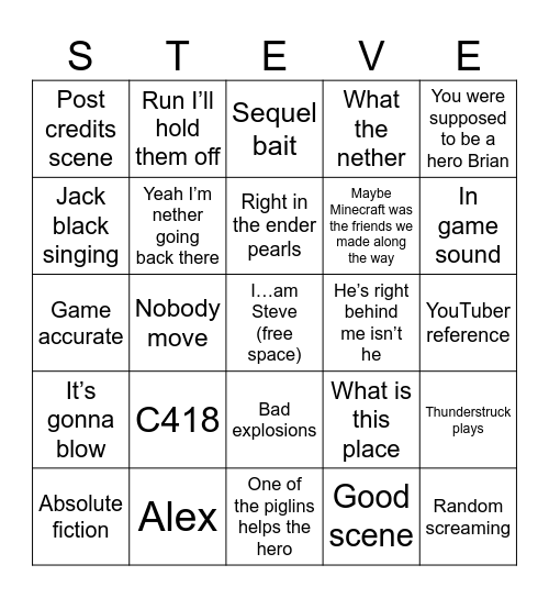 Minecraft movie Bingo Card
