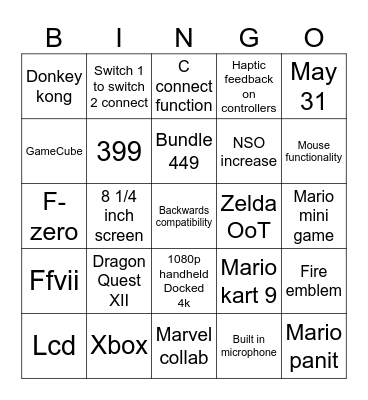 Mom Nintendo Direct Bingo Card