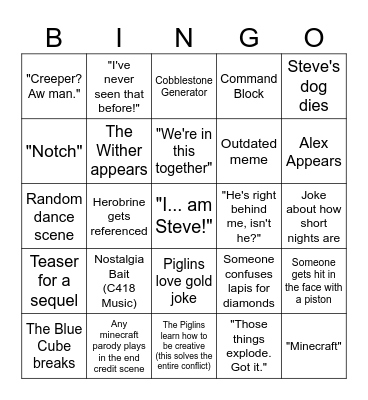 Minecraft Movie Bingo Card